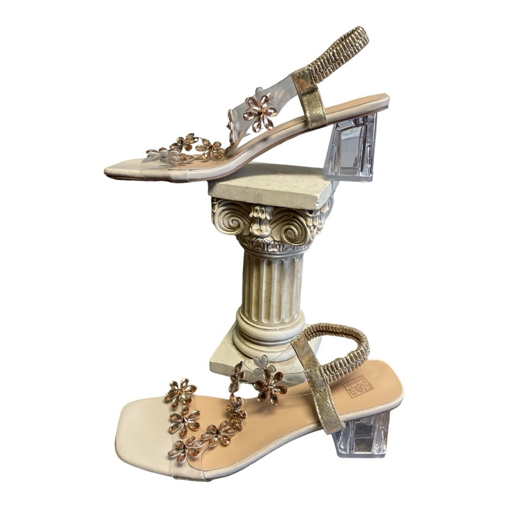 •Women's Open Toe Rhinestones Chunky Heel Sandals Stretch High Heels Shoes